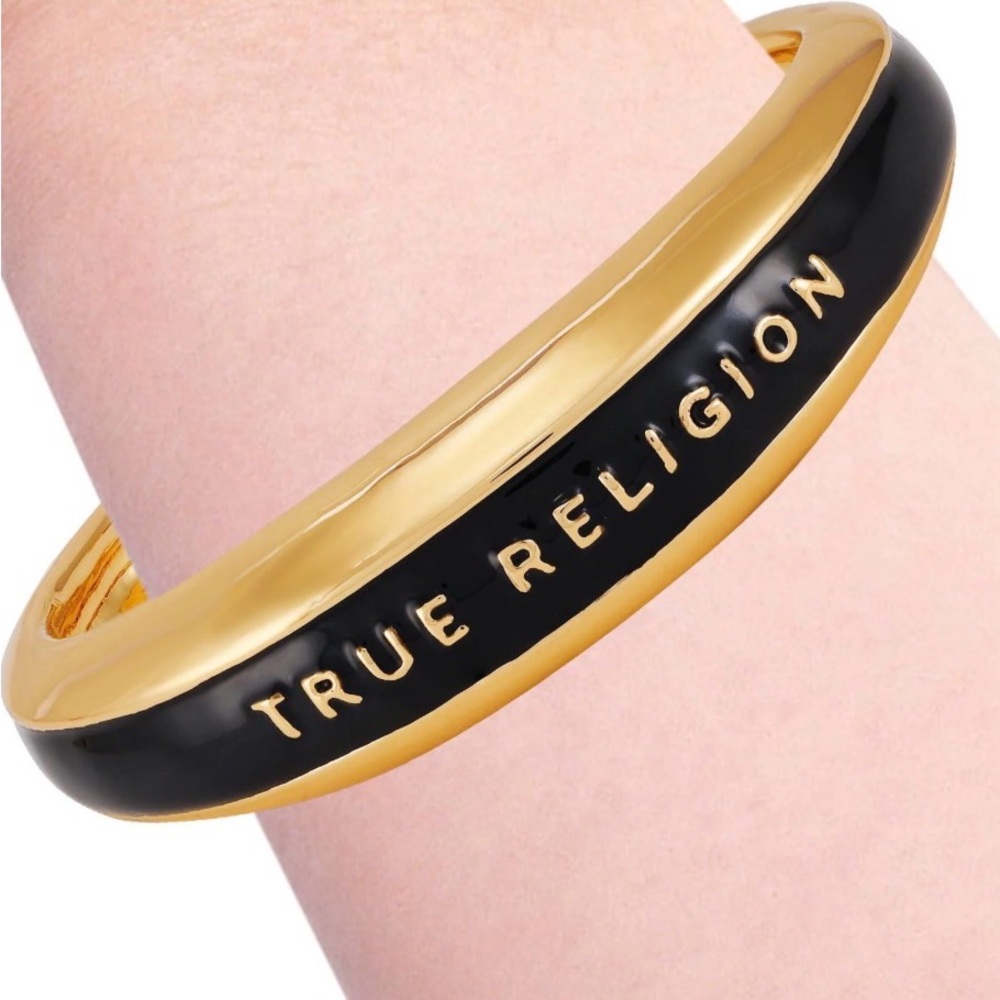 True Religion Logo Cuff Bracelet Black Gold Enamel New No Tags